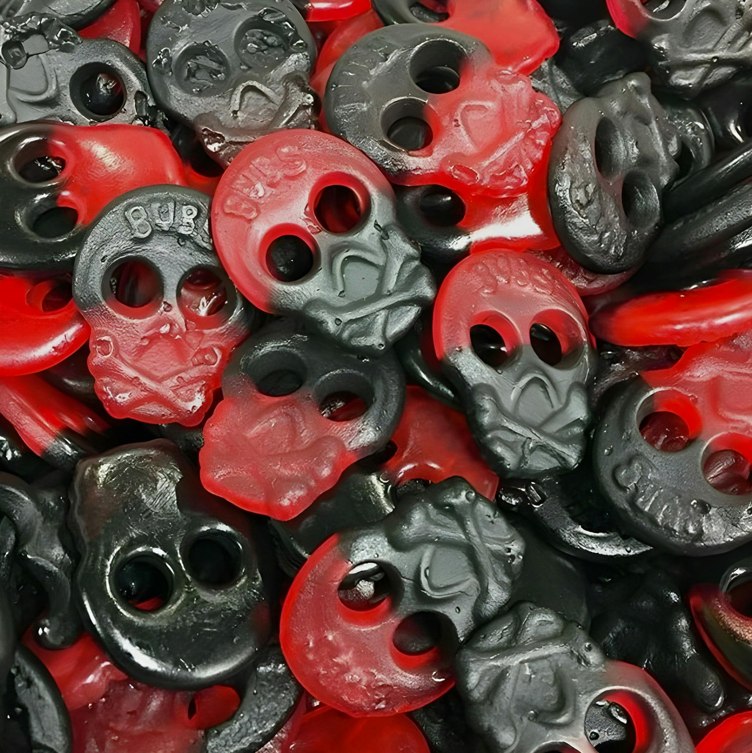 Swedish Candy manufacturer Bubs' modern classic, the incredible Raspberry and licorice skulls